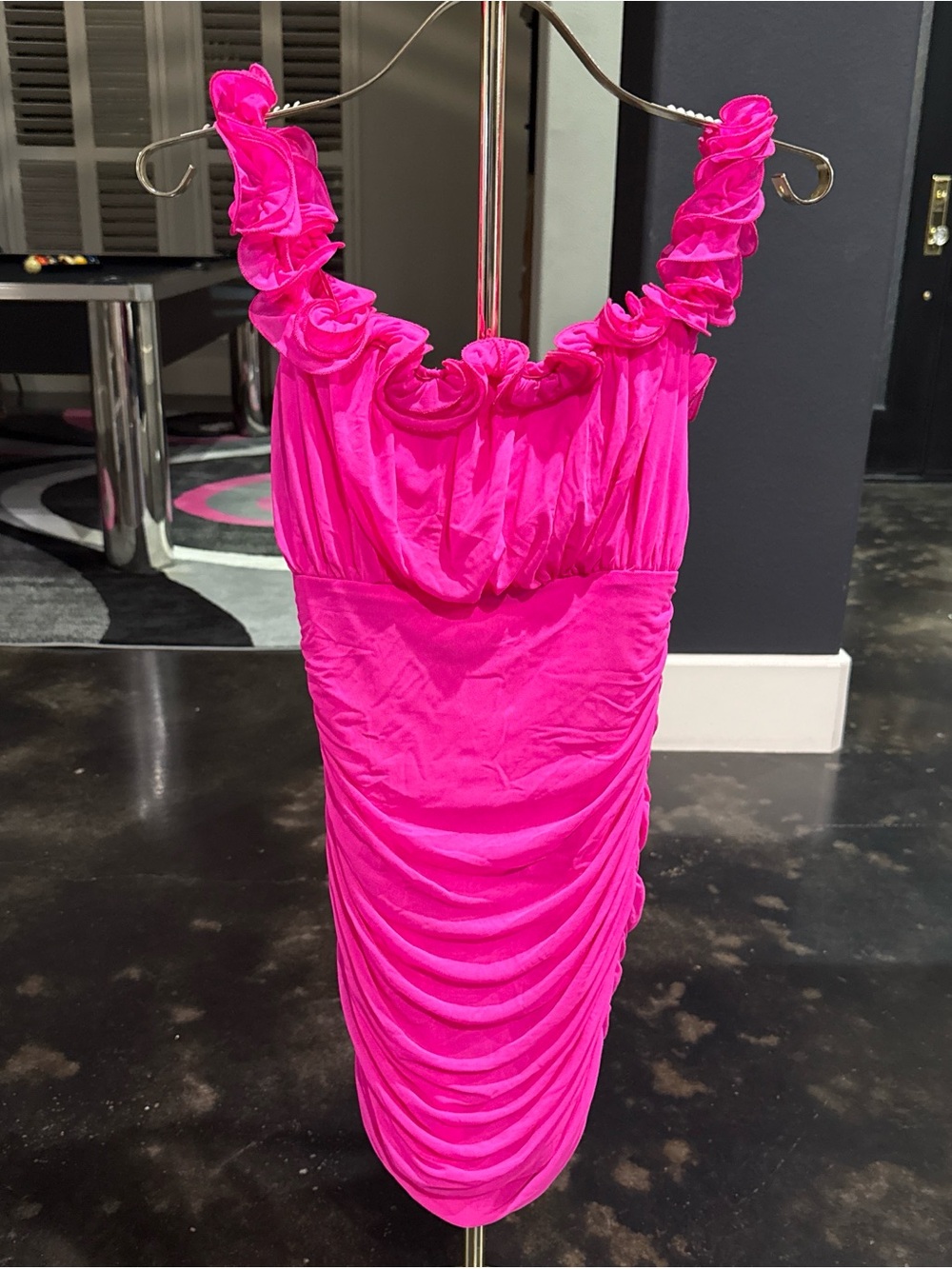 Angel Biba Neon Pink Ruffle Strap Ruched Mini Dress